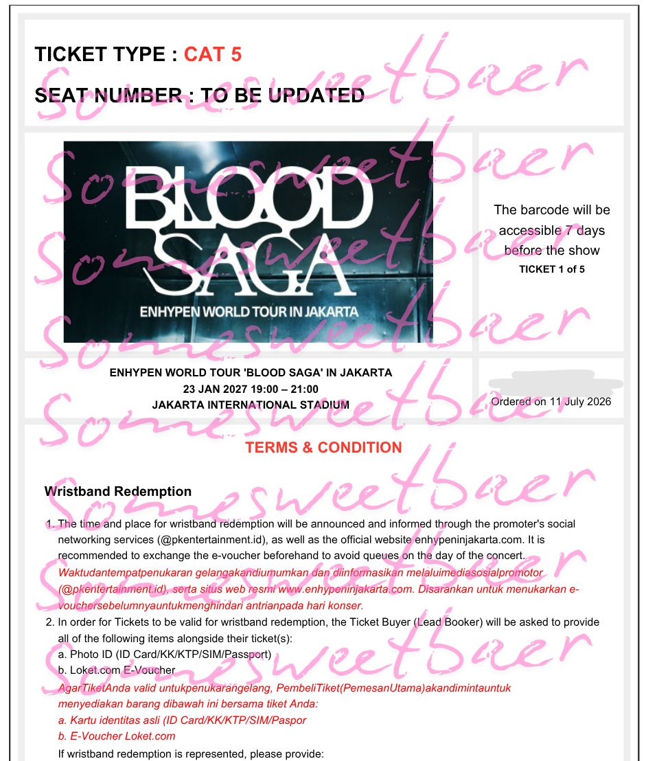 somesweetbear's tweet photo. WTS 1 TICKET ENHYPEN BLOOD SAGA JAKARTA 🩸

🎫 CAT 5 (Weverse Presale)
💰 Price: Rp3.190.000 (nego tipis)
✅ Hasil jastip (ak.saraai)
✅ Bisa dicicil
✅ Akan diurus sampai tiket fisik/wristband

Minat? Langsung DM ya! 🤍

RT &amp; Likes sangat membantu 🙏

#WTSENHYPEN #ENHYPENJAKARTA https://t.co/mNk0V60i79