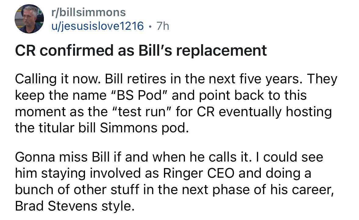 The r/BillSimmons Podcast tweet media