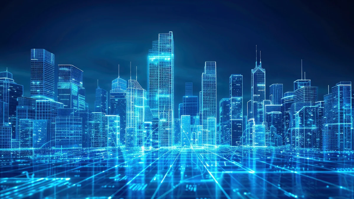 A digital illustration of a futuristic cityscape with glowing, neon blue skyscrapers against a dark background. The stylized buildings are interconnected by lines and grids, giving a high-tech, virtual reality appearance.