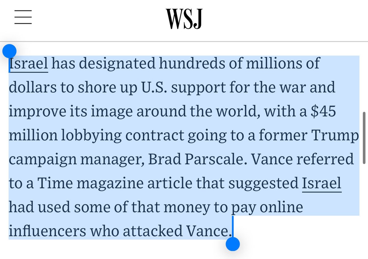 alexbruesewitz's tweet photo. The Wall Street Journal just reported that Israel has funneled millions to Brad Parscale to help shape American public opinion regarding their interests in Iran. TIME magazine published a similar report earlier this week.

“Israel has designated hundreds of millions of dollars to shore up support for the war and improve its image around the world, with a $45 Million lobbying contract going to Brad Parscale.”

I believe this is the single largest FARA contract in history yet there is no transparency regarding how Brad is allocating that money. The initial draft contract on the FARA website states that he will “integrate narrative messaging into Salem Media properties” and promises to produce a minimum of 5,000 pieces of content each month, with a guaranteed view count of 50 million. Are those still the deliverables?