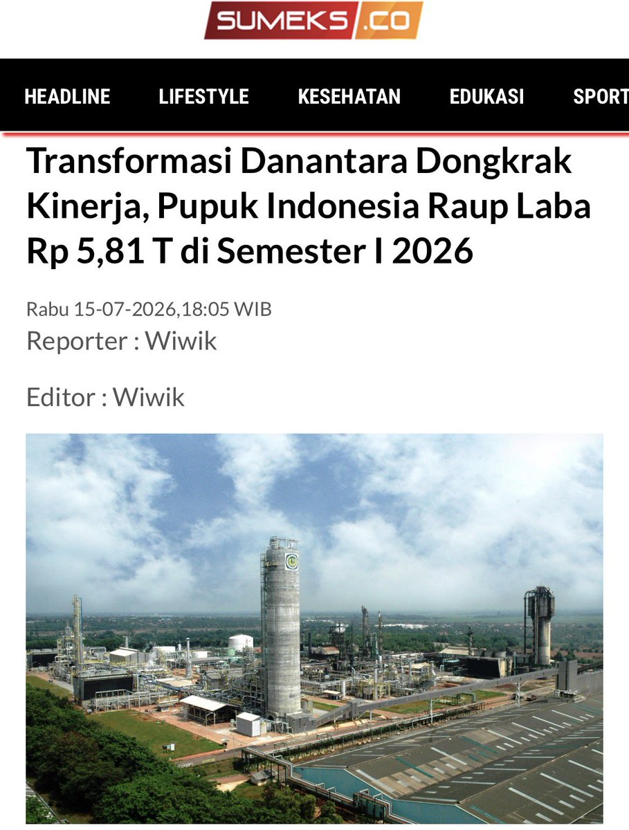 yusuf_dumdum's tweet photo. Sepanjang Januari hingga Juni 2026 Pupuk Indonesia berhasil membukukan laba bersih sebesar Rp8,51 triliun, tumbuh 253% dibandingkan periode yang sama pada tahun sebelumnya.

Ini keren sih! Tapi harus diakui, masalah pupuk ini di kalangan petani banyak yang kesulitan dan merasa mahal. 🤔