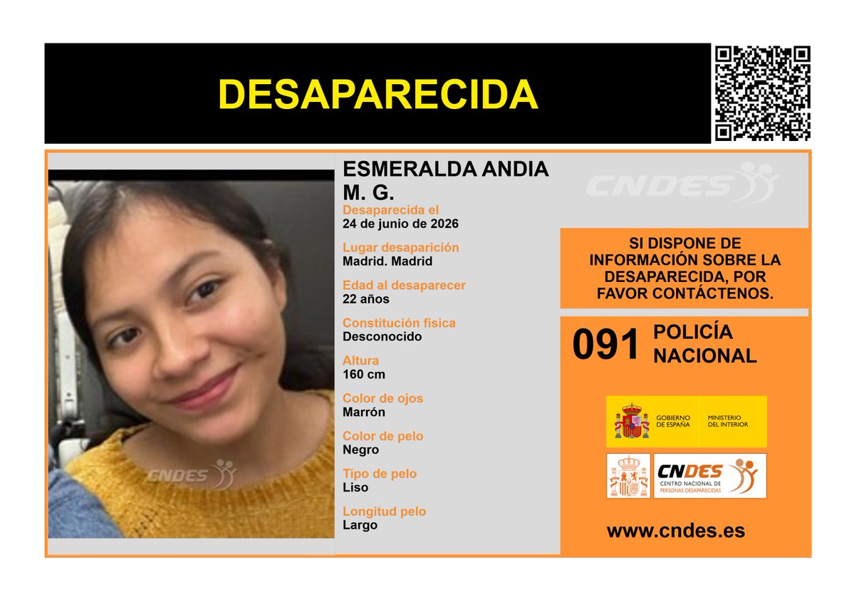 cndes_oficial's tweet photo. ⚠️𝘼𝙇𝙀𝙍𝙏𝘼⚠️🚺𝗗𝗘𝗦𝗔𝗣𝗔𝗥𝗘𝗖𝗜𝗗𝗔
𝗘𝗱𝗮𝗱 22años
🧐Vista por última vez #Madrid
🔁RT📲 para ayudar a encontrarla
Si tienes noticias de su paradero:
✅📞091 @policia
✅📩https://t.co/Jk0O3VWVbw
✅🔗 Canal oficial @cndes_oficial
✅https://t.co/iWs9koK4FF
#desaparecido https://t.co/VpH38Qe5Tm