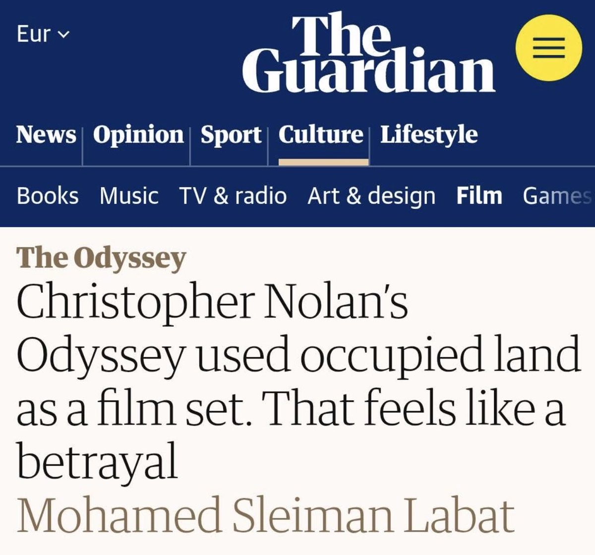 TalebSahara's tweet photo. نشرت صحيفة The Guardian البريطانية اليوم مقالاً للمخرج والكاتب الصحراوي محمد سليمان لبات، يندد فيه باستخدام مدينة الداخلة المحتلة كموقع لتصوير فيلم The Odyssey، الذي أُنجز بالتعاون مع نظام الاحتلال المغربي وعلى أرضٍ صحراوية محتلة.

وجاء في مقاله:

“أحدث فصول هذه الدراما الاستعمارية يتمثل في استخدام فيلم كريستوفر نولان The Odyssey لأجزاء من أرضنا المحتلة كموقع للتصوير. لقد صُدم الصحراويون لأن مشاهد من الفيلم، المقتبس من ملحمة هوميروس والمشحون بقضايا التهجير، وتفكك الأسر، والخيانة، والنضال الطويل للعودة إلى الوطن، صُورت فوق أرضنا. والمفارقة مؤلمة؛ فنحن، الشعب الصحراوي الذي استُخدمت أرضه لتصوير الفيلم، نعيش أوديسيتنا القاسية منذ أكثر من خمسين عاماً.”

يمكنكم قراءة المقال كاملاً هنا https://t.co/6SFicitunI