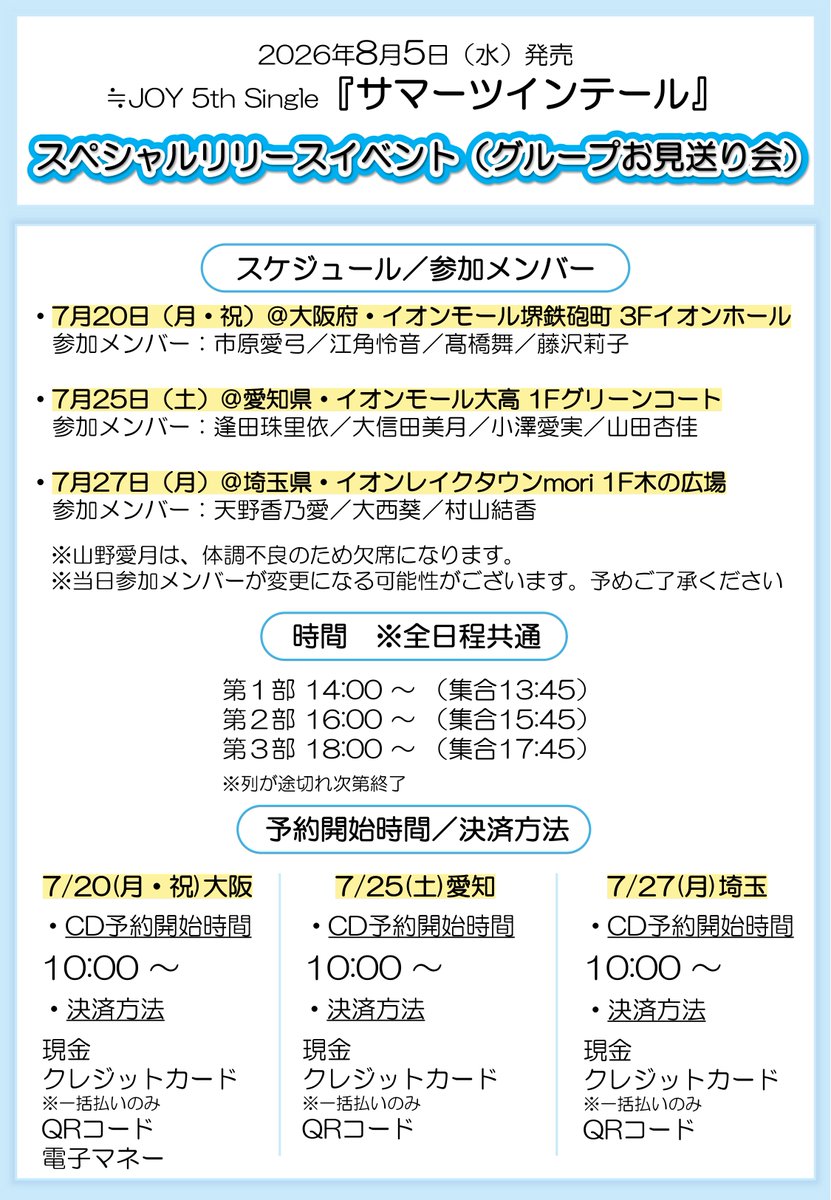 Nearlyequal_joy's tweet photo. 【お知らせ】 ​

8/5(水)発売
≒JOY 5thシングル『サマーツインテール』発売記念 ​
スペシャルリリースイベントVol.3

日程：7/25(土)
会場：愛知・イオンモール大高 1Fグリーンコート
出演：逢田珠里依、大信田美月、小澤愛実、山田杏佳

▼詳細
https://t.co/e7KDADTIeg

ぜひ、チェックしてください✨

#ニアジョイ