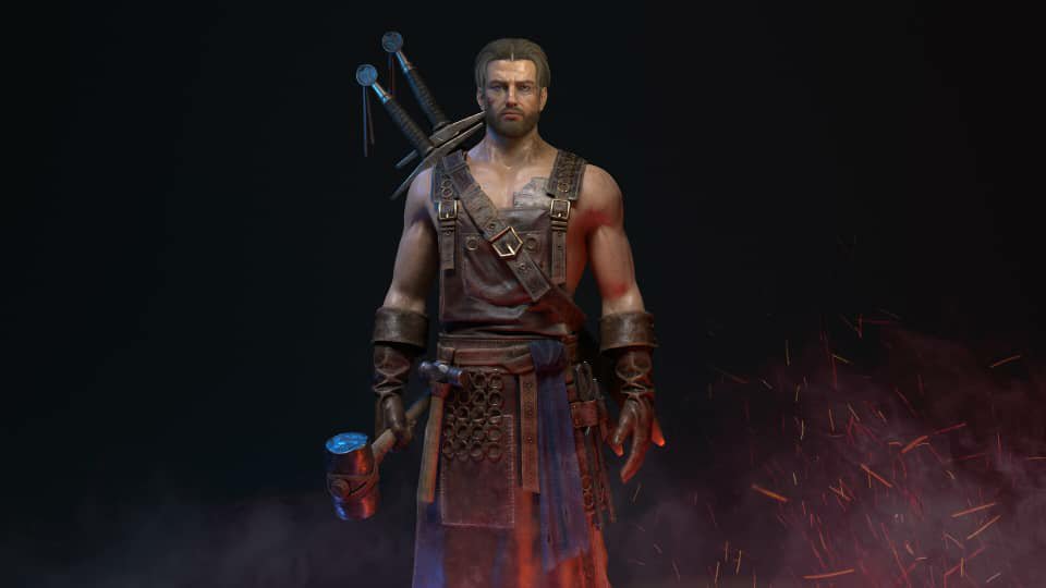 gameandvr's tweet photo. Some warrior character design. Sword from Witcher and wooden hammer fits well with warrior outfit.#3d #model #sculpt #blender https://t.co/ReSSk8BCRw