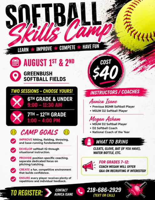 WarroadS's tweet photo. 🥎Upcoming Softball Camp in Greenbush 🥎 https://t.co/sCbj6Pxpjk