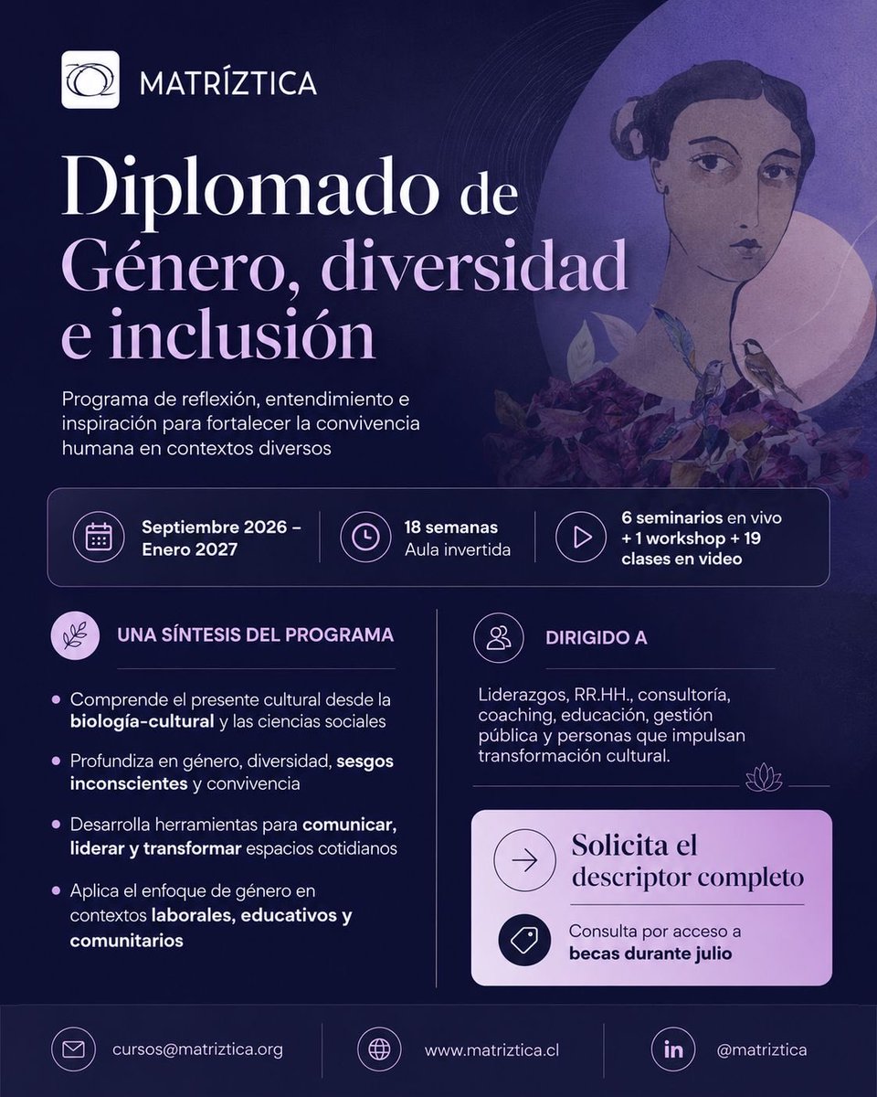 ClaudiaDides's tweet photo. ¡Tenemos dos grandes noticias que nos hace muy feliz compartir con ustedes! 💜✨
La primera es que ya abrimos las postulaciones para la 11ª versión del Diplomado de Género, Diversidad e Inclusión de Matríztica, que iniciará en septiembre de 2026. Un espacio de aprendizaje y transformación profunda diseñado para co-crear organizaciones y comunidades más inclusivas.
La segunda gran noticia —y porque queremos que nadie se quede fuera— es que durante todo el mes de julio contaremos con becas disponibles para facilitar el acceso a esta versión.
Si te apasiona transformar realidades y quieres ser parte de esta nueva generación, ¡este es el momento!
📥 ¿Te interesa participar o conocer más detalles sobre el programa y las becas? Déjanos un comentario aquí abajo o escríbenos por mensaje directo y te enviaremos toda la información.
¡Te esperamos para seguir construyendo en comunidad! 🤝🌱 @Matriztica