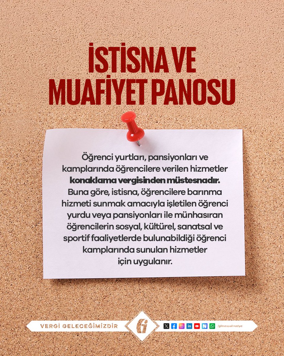 gibsosyalmedya's tweet photo. #İstisnaveMuafiyetPanosu📌

🎯 Öğrenci yurtları, pansiyonları ve kamplarında öğrencilere verilen hizmetler konaklama vergisinden müstesnadır.

🔑Ayrıntılı bilgi için sitemizde (https://t.co/OptwjIi36z) yer alan «Konaklama Vergisi Rehberi» ni inceleyebilirsiniz.

https://t.co/8a9LNIWYK2

#GİB #VergiGeleceğimizdir