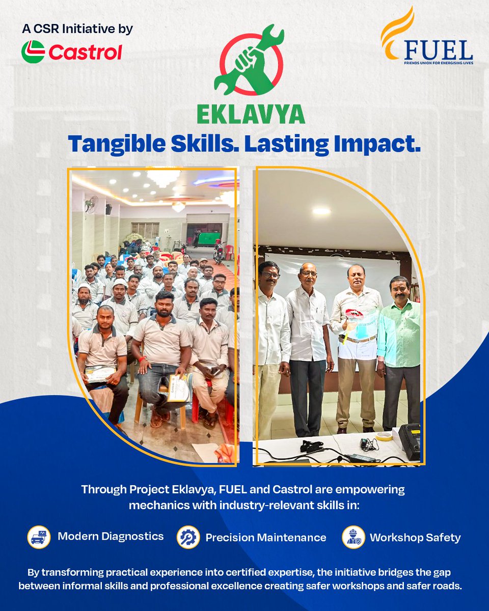 ketanfuel's tweet photo. Empowering the backbone of the automotive industry.

We are proud to highlight Project Eklavya, a collaborative CSR initiative between @Castrol_India  and FUEL. This program is dedicated to uplifting mechanics by transforming their years of valuable practical experience into formal, certified expertise.

By focusing on critical, industry-relevant training in areas like Modern Diagnostics, Precision Maintenance, and Workshop Safety, we are helping these skilled individuals bridge the gap to professional excellence.

Ultimately, this initiative creates a powerful ripple effect: leading to more advanced careers, safer working environments, and safer roads for everyone.