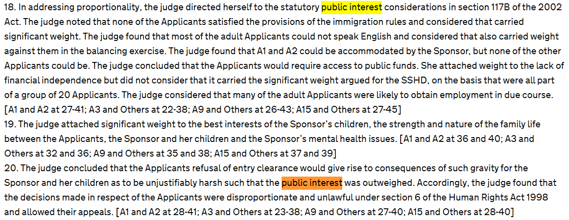 maxtempers's tweet photo. The judge accepts that it's not in the public interest because the family (a) does not meet the immigration rules, (b) cannot speak English, and (c) would require public funds, but decides that the mental health impact on the Gazan woman in the UK outweighs the public interest. https://t.co/uZfxwRWnyp