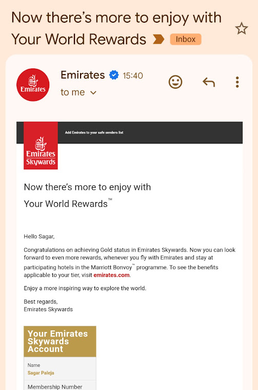 smartspendcode's tweet photo. ✨ Emirates Skywards Gold is here! ✈️

Completed 1 year with the ICICI Emirates Emeralde card and the Gold tier has now been activated. 😄

Gold tier gets all Silver benefits plus below 👇

🪑 Complimentary Regular & Preferred seat selection in Economy for you and your companions
✈️ 75% bonus Skywards Miles on Emirates revenue flights
🎫 Priority waitlist on sold out Economy flights
🧳 Additional baggage allowance
🥇 Priority baggage delivery alongside Business Class wherever possible
🥂 Complimentary access to Emirates lounges across the network
🏨 Additional Marriott Bonvoy benefits including Elite check in and 4 PM late checkout

One benefit I'm especially excited about is the exclusive invitations to Emirates sponsored events and VIP experiences.

With Emirates being Arsenal's principal sponsor, I'm secretly hoping something Arsenal related lands in my inbox someday... that's definitely on the bucket list! ❤️⚽🤞🧿