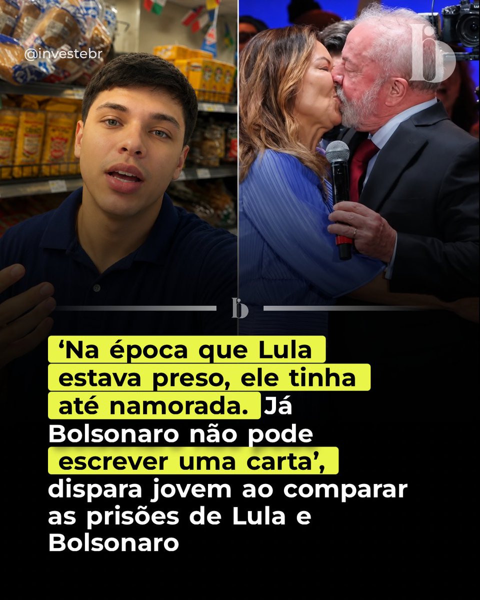 investebr's tweet photo. Criador de conteúdo viraliza ao comparar prisões de Lula e Bolsonaro. Ele ironiza que Lula tinha namorada na prisão, enquanto Bolsonaro não pode nem escrever carta. https://t.co/zavuEG0Z0P