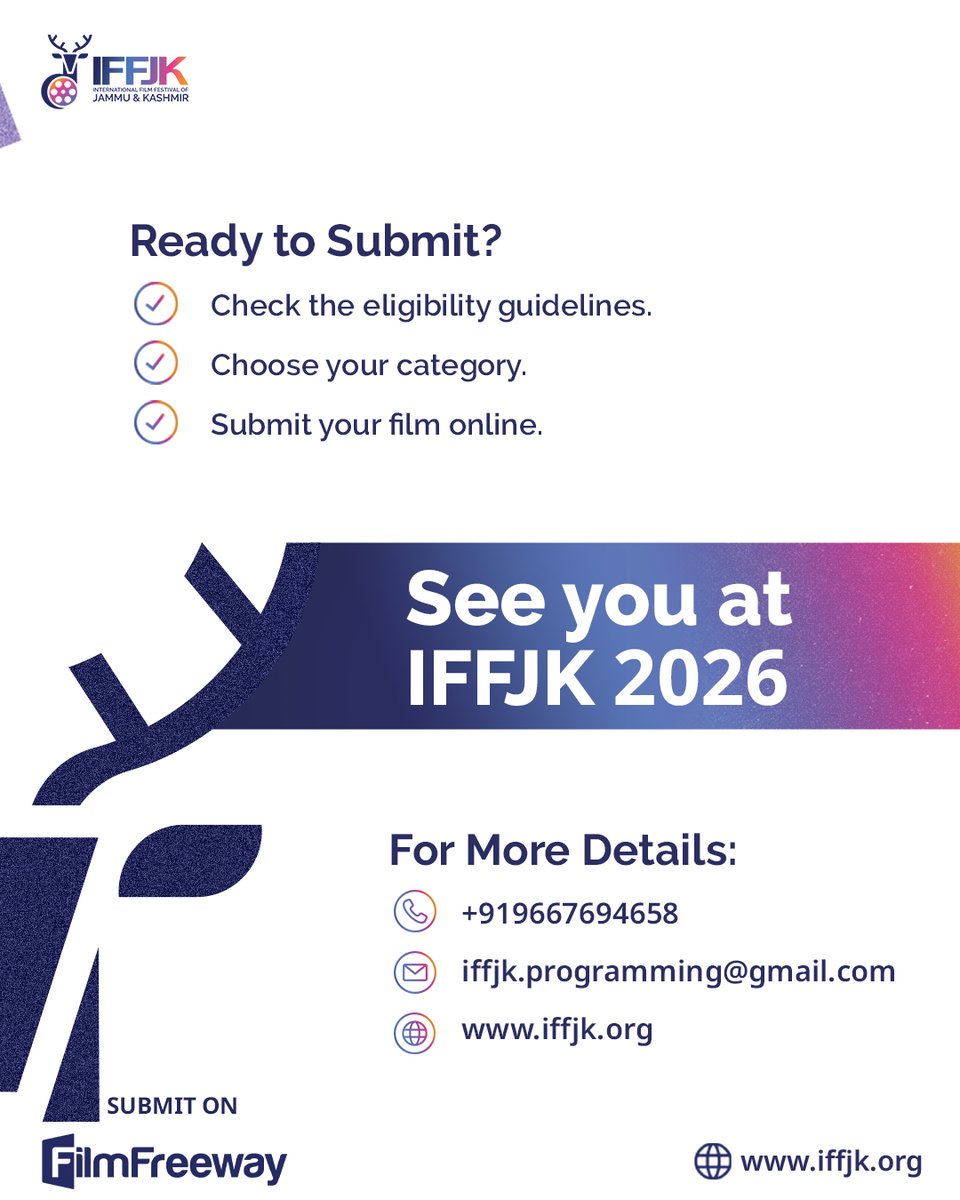 iffjk26's tweet photo. Have a story to tell? It belongs at #IFFJK2026. 🎬

Whether you're a student, indie filmmaker, debut director, or industry professional, this is your chance to showcase your vision on a global stage.

Submit your film via the https://t.co/SJnkigyQuR.

#CallForEntries #IFFJK2026 https://t.co/VCofcMjX0h