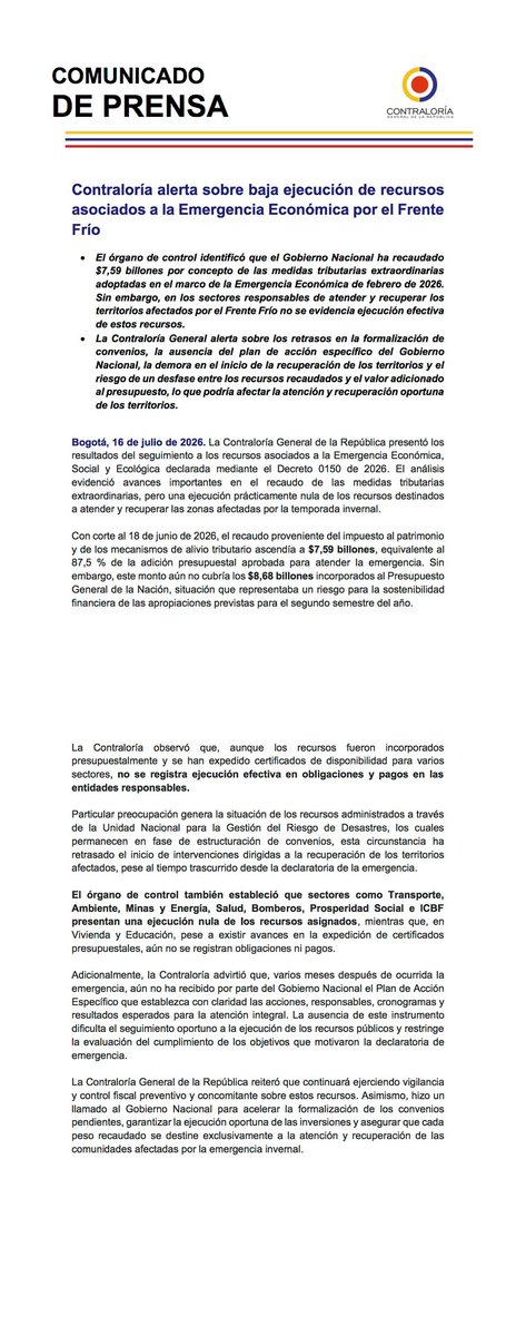 CGR_Colombia's tweet photo. 🚨La @CGR_Colombia alertó que, aunque el recaudo asociado a la Emergencia Económica por el frente frío ya alcanza $7,59 billones, la ejecución de los recursos destinados a atender y recuperar las zonas afectadas es prácticamente nula. 

📌Sectores como Transporte, Ambiente, Salud, Minas y Energía, Prosperidad Social, Bomberos e ICBF no registran obligaciones ni pagos.
