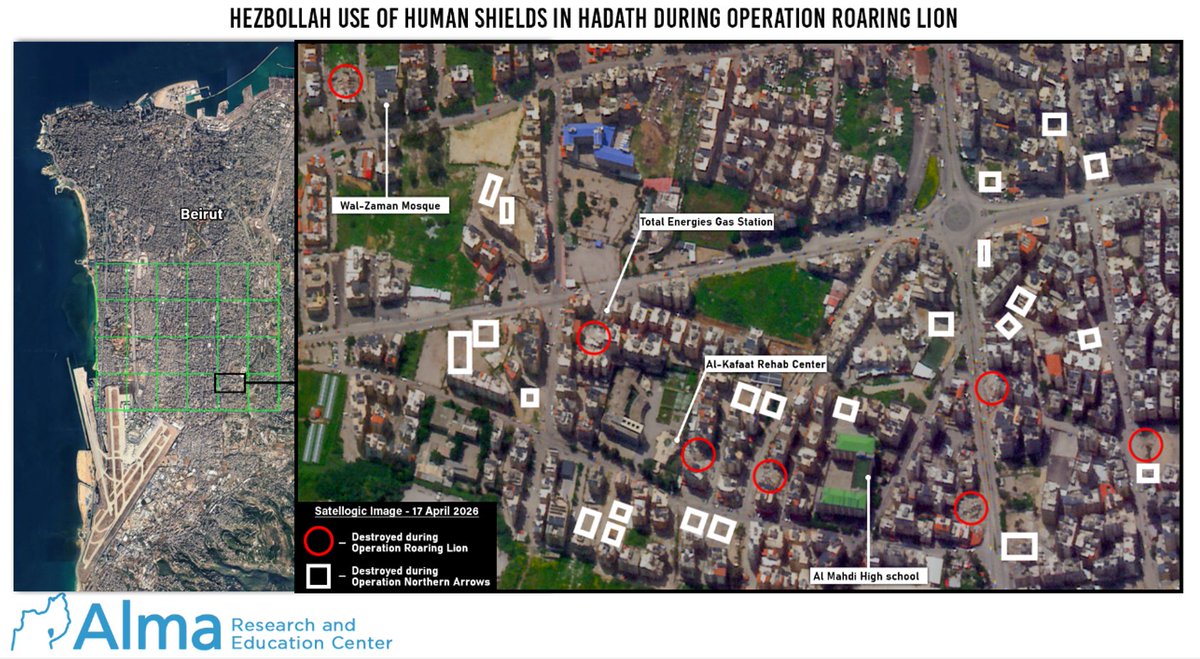 Israel_Alma_org's tweet photo. 60 structures. 59 of them are embedded within the civilian environment.
A geospatial analysis based on satellite imagery comparison and open-source intelligence illustrates how Hezbollah continues to embed military infrastructure within and adjacent to civilian buildings as part of its systematic use of the human shield tactic.