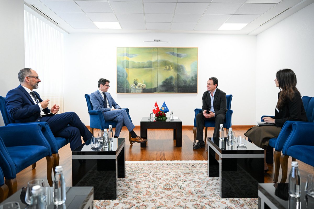 albinkurti's tweet photo. I met with the Swiss Ambassador to Kosova, Jürg Sprecher, for a farewell meeting as he concludes his term in our country.

Switzerland has long been a close ally and partner of Kosova, from providing humanitarian assistance in the 1990s to supporting economic development and security cooperation across a wide range of sectors, including education, climate action, water infrastructure, and trade. This relationship is further strengthened by our diaspora in Switzerland, which plays an immensely important role in Kosova.

I thanked Ambassador Sprecher for his significant contribution to strengthening bilateral ties, including the launch earlier this year of the new Swiss Cooperation Programme for Kosova for 2026–2029. We discussed, in particular, opportunities for further collaboration in the economic and technology sectors.