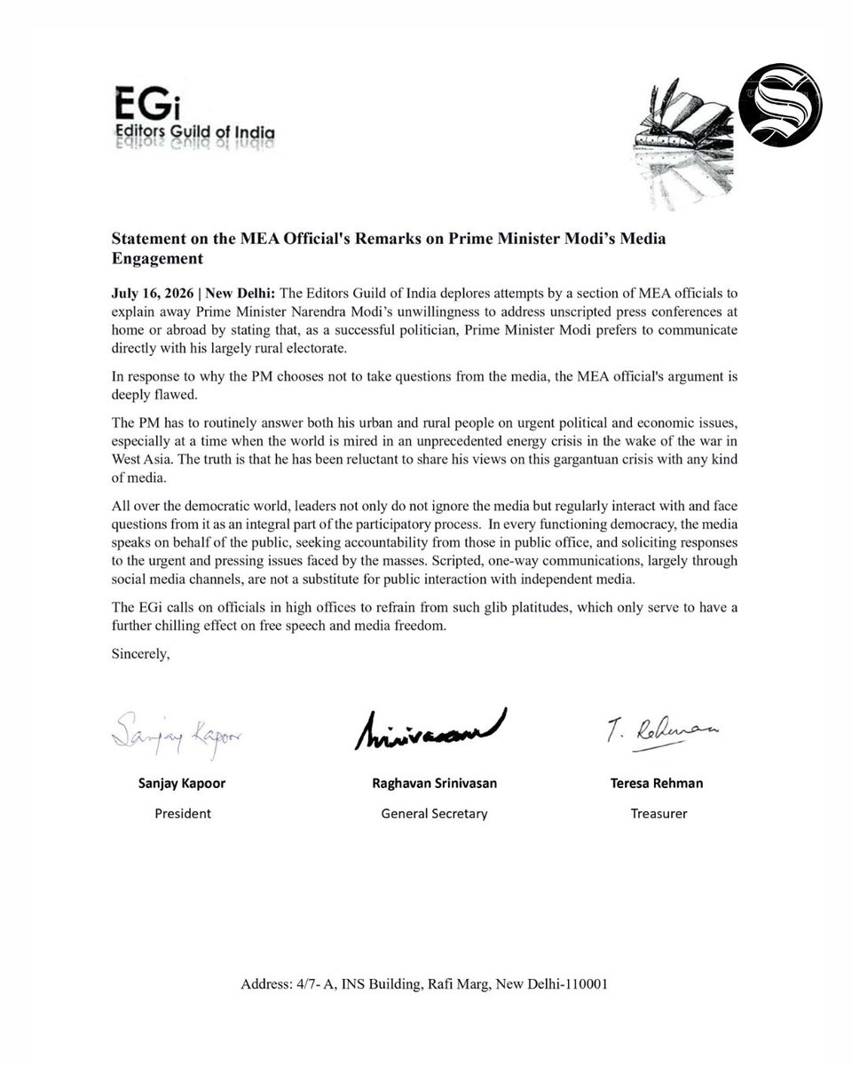 TheStatesmanLtd's tweet photo. The Editors Guild of India criticised remarks by a section of MEA officials defending PM Narendra Modi's decision not to address unscripted press conferences. The Guild also called on officials holding high offices to refrain from making such statements.

#MEA #EditorsGuild #TheStatesman