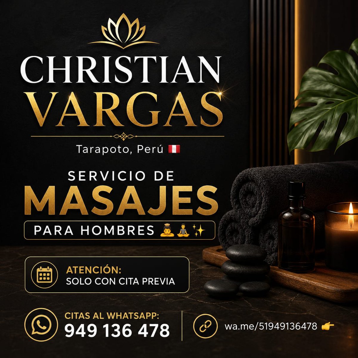 chrisvarcruz's tweet photo. CHRISTIAN VARGAS | Tarapoto, Perú 
Servicio de Masajes para hombres, hecho por hombre. 💆🏽‍♂️🧘‍♂️✨
📍 Tarapoto, Perú 🇵🇪
.
📆 Atención: Solo con cita previa.
.
📲 Citas al WhatsApp: 949 136 478 👉 https://t.co/7jzGRDdiGz 
.
#masajeparahombres #masajesparacaballeros #TarapotoMasajes https://t.co/dStqLkYdX5