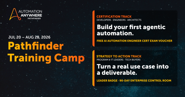 DustinPalmer11's tweet photo. Pathfinder Training Camp starts July 20. 6 weeks, 100% virtual, built for automation teams ready to build with agentic processes. Devs earn a free certification exam voucher, leaders get a 90-day Control Room access. No agentic experience required. https://t.co/1jYEfaV26B https://t.co/OpG61e2gXQ