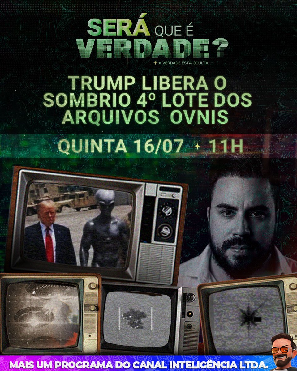 InteligenciaLta's tweet photo. Será que os arquivos sobre OVNIs recém-liberados pelo Trump são verdadeiros? Hoje às 11h, você vai descobrir com o especialista em conspirações THIAGO LIMA neste episódio de “Será Que É Verdade?”. https://t.co/xpObltfeQm
