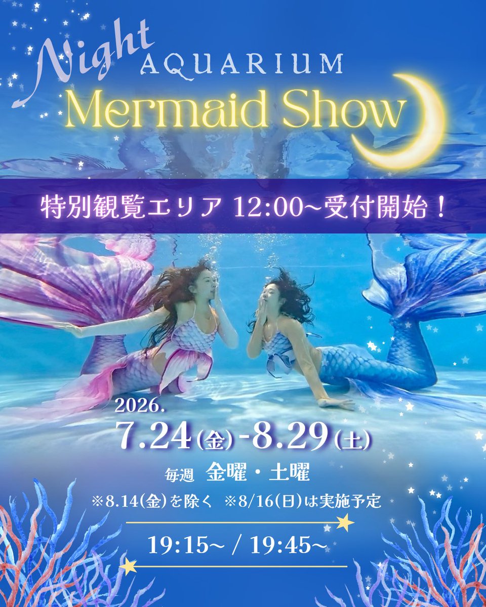 MermaidSchoolJP's tweet photo. サンシャイン水族館マーメイドショー🧜‍♀️

特別観覧チケット(無料)の初日分の受付がいよいよ7/17(金)12:00～スタートします。

前方の「特別観覧エリア」でご観覧をご希望の方は、数量限定の特別観覧チケットが必要です。
チケットはご希望日の1週間前 12:00から取得可能となっています。

なお、ショーは無料でご覧いただけますが、特別観覧エリア以外は立ち見となり、観覧スペースには限りがあります。
⁡
【サンシャイン水族館 マーメイドショー 特別観覧チケット】
https://t.co/FAB20XLhlG

⁡───────────────────

7/24(金)～ 
東京・池袋サンシャイン水族館のマーメイドショーに、人魚の学校のパフォーマーたちが出演させていただきます🧜‍♀️

夏の夜限定のマーメイドショー💫
星空を映す水槽で、人魚たちがお待ちしています✨
⁡
📍 @sunshine_aquarium 

┈┈┈┈┈┈┈┈┈┈

🧜‍♀️サンシャイン水族館 マーメイドショー🧜‍♀️

🌙開催予定日
7/24(金)～8/29(土)の金曜・土曜
※8/14(金)は休演
※8/16(日)は特別開催

2枚目3枚目カレンダーをご覧ください✨

🌙開催時間
19:15～ ／ 19:45～

🌙開催場所
サンシャイン水族館 天空のペンギン水槽
⁡
🌙料金
無料
⁡
🌙観覧方法
サンシャイン水族館公式サイト＞イベント・パフォーマンス＞イベント一覧＞夜間限定営業～
からご確認ください
https://t.co/bQssELg8NX

┈┈┈┈┈┈┈┈┈┈