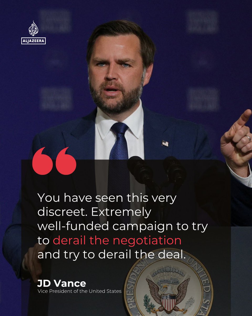 AJEnglish's tweet photo. Vice President JD Vance has accused Israel of funding campaigns aimed at ruining US negotiations with Iran to end the war.

There was no immediate response from Israeli officials to the allegation.

🔴 LIVE updates: https://t.co/m6N7pGmY0H https://t.co/BZtX2a4Ewa