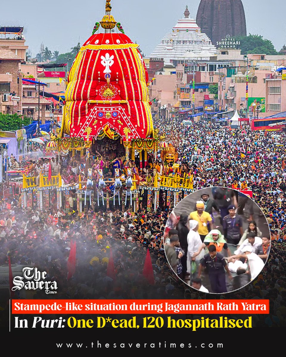 thesavera_times's tweet photo. Stampede-like situation during Jagannath Rath Yatra in Puri: One Dead, 120 hospitalised
#jagannathpuri #stampede #rathyatra #breakingnews #Puri #odisa https://t.co/GvCE8wX3iu