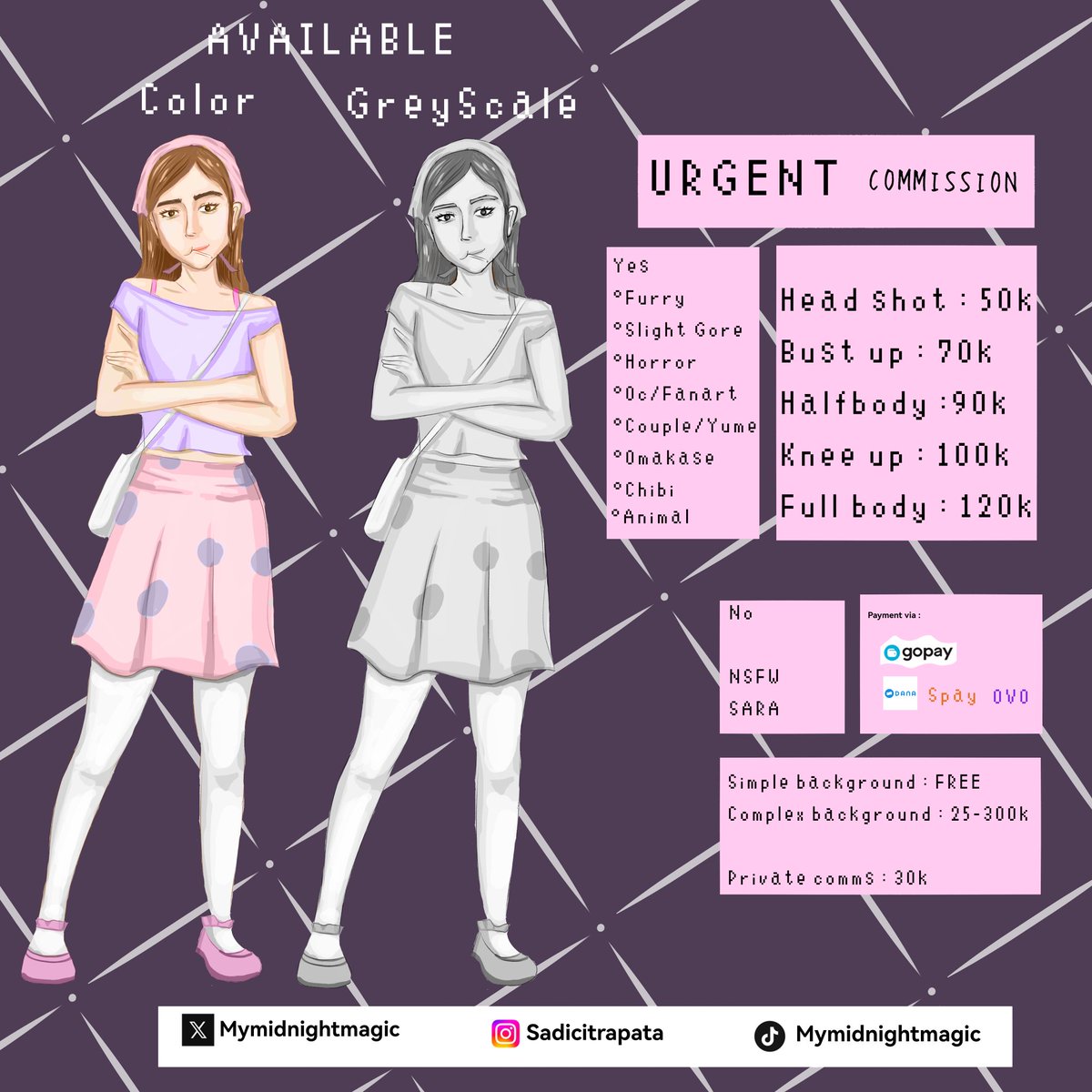 mymidnightmagic's tweet photo. Hallo guys,  i updated commission sheet. If u need my service u can hit me up on dms. This price is for local. 

Every *Color* buyer would get free *Greyscale* (Limited for 5 slots)!!💋💋
#bealanjaㅤ #artcommissions #artidn #artmoots #art #wtb #wts https://t.co/bkD8LKAlx0