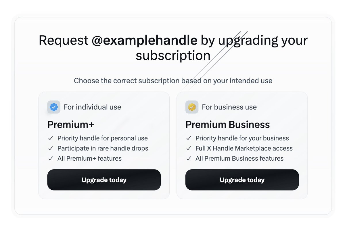 johnkingmedia's tweet photo. @nikitabier - the upsell/conversion rate on this page will be a lot higher if you can expose handle availability prior.

Otherwise you're asking users to pay more, but with zero certainty they'll be able to access the handle they want after. https://t.co/V90hGbzi1I