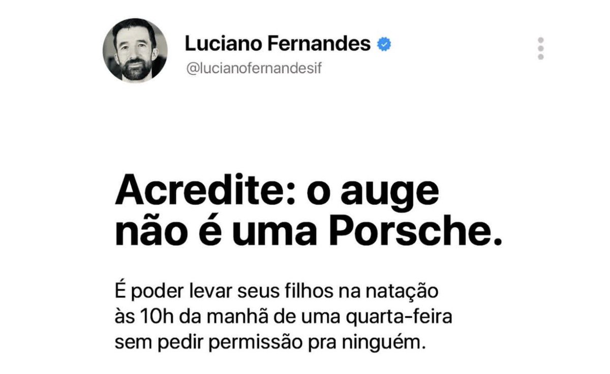 otimistaoficial's tweet photo. Nada contra quem fez o post, mas não caia nessas ladainhas dessas frases.

As vezes o auge é você ter uma Porsche na garagem. Um pai desempregado pode levar o filho na natação às 10 e estar completamente frustrado.

Até influenciadores de financas estão criticando quem conquista patrimônio no Brasil.