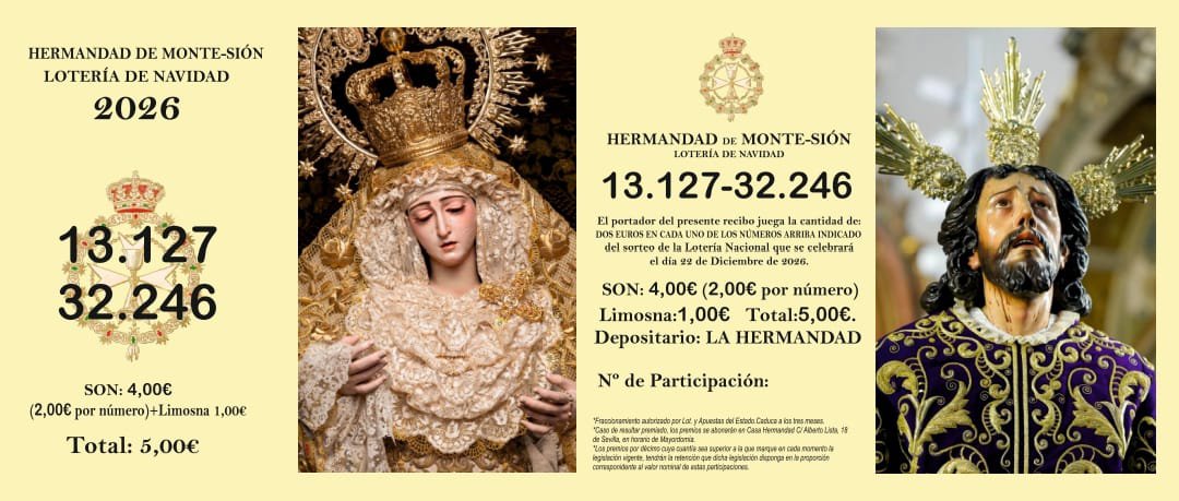 hdaddemontesion's tweet photo. 𝐋𝐨𝐭𝐞𝐫𝐢́𝐚 𝐝𝐞 𝐍𝐚𝐯𝐢𝐝𝐚𝐝 𝟐𝟎𝟐𝟔

A partir de mañana podrá adquirirse los décimos de la lotería de Navidad en nuestra Capilla. Los números que jugaremos este año serán 13127 y 32246.

Toda la información en nuestra página web: https://t.co/tOhOYNHEqS https://t.co/PKIYZsq3j4