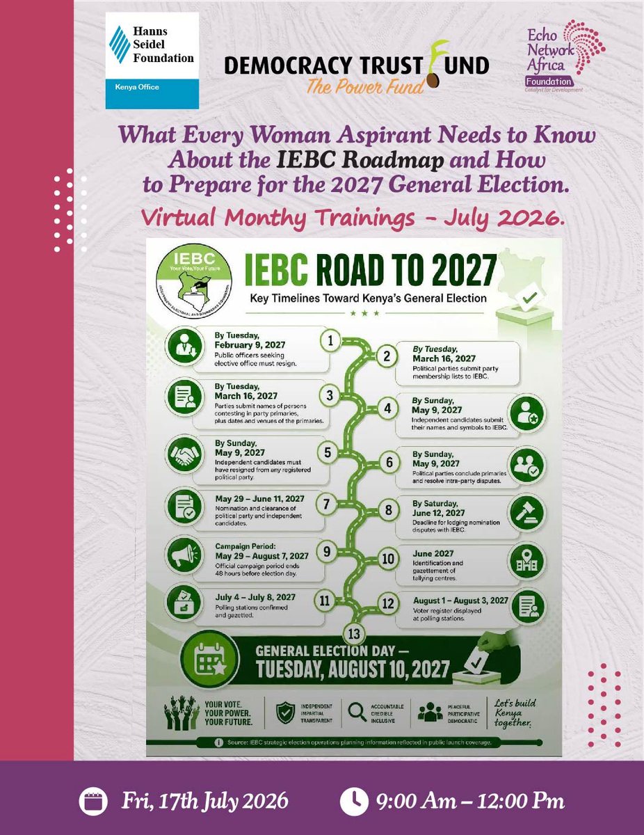 Democracy_Trust's tweet photo. ENAF &amp; DTF, in partnership with Hanns Seidel Foundation (HSF), invite you to the Running to Win: Women Aspirants Monthly Training on 17 July 2026 from 8:45 AM.

Theme: What Every Woman Aspirant Needs to Know About the IEBC Roadmap and Preparing for the 2027 General Election. https://t.co/fKgXlfVpfZ