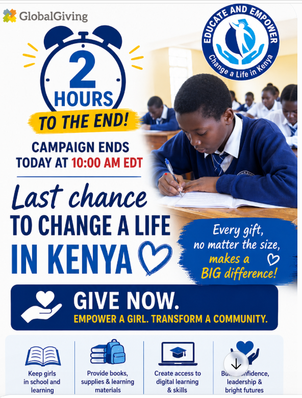 EducatempowerK's tweet photo. We have just 2 hours left before the campaign closes! Your support can make a lasting difference in the life of a girl in Kenya. Please consider making a contribution and sharing this opportunity with your network.
Donation Link: https://t.co/D2lSyQ9yt8
#SupportGirlsEducation https://t.co/A0E6EZJgjm