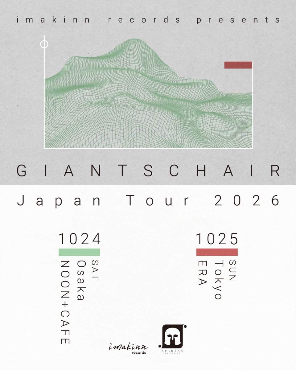 imakinn's tweet photo. imakinn records presents
GIANTS CHAIR Japan Tour 2026

US/カンザスシティー産emo/ポストハードコアバンド、GIANTS CHAIRが奇跡の初来日！

・前売り予約/事前決済ページ
https://t.co/YtNFYNp93D

----------
Day 1
2026.10.24(Sat) at NOON+CAFE 

hallucination presents
@dunkspring 
Good Headaches vol.13

・GIANTS CHAIR
・nemo 
・barican
・Sheeve @sheeveband 
・Seathrift 

OPEN/START 17:30/18:00
ADV ¥5,500 Student ¥2,500

Day 2
2026.10.25(Sun) at ERA @RDS_ERA 

・GIANTS CHAIR
・Dirt Copy @seiki_guikits 
・DON KARNAGE
・MIRROR (plays WOUND THIRD PICTURE, JOURNAL SPY EFFORT) @MIRROR_JP_2007 

OPEN/START 18:00/18:30
ADV ¥6,500 Student ¥3,000
----------
1993年結成、壮大かつソリッドなサウンドで、emo/ポストハードコア・シーンのパイオニアとして高い評価を受ける”GIANTS CHAIR”。活動初期には90’s emoの名門Caulfield Recordsに所属し、屈指の名盤「Red And Clear(1995年)」2ndアルバム「Purity And Control(1996年)」を発表。さらには同郷のBoys Lifeや来日公演も記憶に新しいEthel Meserveとのスプリット7inchもリリース。アートワーク(特殊ジャケット)の完成度も高く評価されており、日本でも伝説的なバンドとしてカルト的な人気を誇っている。

2019年には、シアトルのSpartan Recordsから25年ぶりとなるスタジオアルバムをリリース、さらには2025年には30周年記念盤として「Red And Clear」がリイシュー。マイペースながらライブ活動も再開し、待望の初来日が実現。現在のemo/ポストハードコアシーンに着実に影響を与えてきた彼らのパフォーマンスを体感してほしい。
——
GIANTS CHAIR来日、ようやく解禁できました。刺さる人には刺さり過ぎる伝説的バンド…文字で見てもまだ実感が湧きません。スケジュールの関係で東京と大阪公演のみになってしまいましたが、土日ですしサポートバンド含めかなり濃密な内容のツアーなので是非ご来場ください(間に合うか際どいですが限定の音源など準備しております)。東京公演には、4月のライブが本当に素晴らしかったDirt Copyに改めてオファー、そしてimakinn recordsとズブズブな関係になってきたMIRROR (plays WOUND THIRD PICTURE, JOURNAL SPY EFFORT)は、この特別編成では都内1発目。セイキさんとキモトさんは共通してGCのファンだということで、J.Robbinsツアーに続き出演していただけることに。嬉しいです。さらに、どうしてもこの組み合わせに呼びたかったDON KARNAGEも札幌から来てくれます。東京は久々なので気合いの入ったライブになるはず。大阪公演は、我らがHarutaさんa.k.a hallucination (egomaniacs, Seathrift)が企画を組んでくれることになりました。地元のSeathrift、京都のSheeve、千葉(同郷！)からbarican、そして静岡からnemoという完璧な布陣。全国各地からのご来場をお待ちしています！フライヤーのデザインはCROSS MY HEARTに続き @he_muzik にお願いしました。いつも最高のデザインありがとうございます🙏