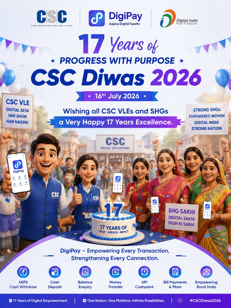 uditsharma60's tweet photo. 🎉 Happy CSC Diwas 2026! 🇮🇳
Celebrating 17 Years of Progress with Purpose. Salute to every CSC VLE and SHG Sakhi for empowering rural India through digital services and DigiPay. Together, we're building a stronger Digital India.
#CSCDiwas2026 #17YearsOfCSC #DigiPay #DigitalIndia https://t.co/y1EtIgBCPI