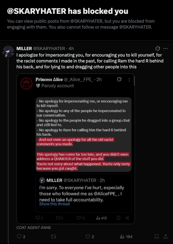 RamK231's tweet photo. I genuinely hope you don't come back here ever again. I don't care that you called me the hard R. 

I'm more pissed that you told Alice to fucking harm herself. Fuck you. You are a genuine piece of shit. You're simply saying this just to save your ass. https://t.co/LlvkUjS16n