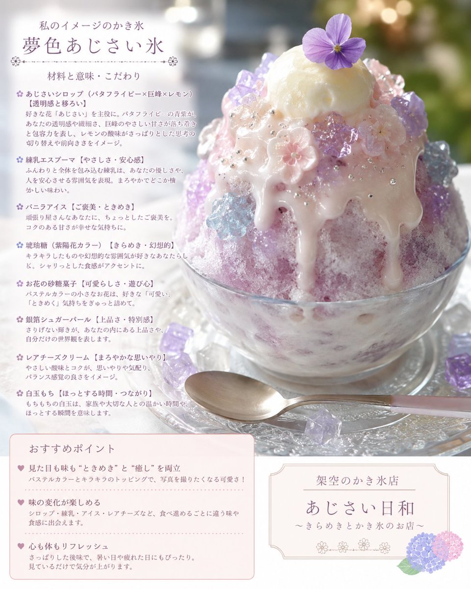 sumomo___spoon's tweet photo. ぽんちゃんのプロンプトお借りしました！

自分らしいかき氷をチャッピーに作ってもらいました(⁠*⁠´⁠ω⁠｀⁠*⁠)
豪華なかき氷✨
きれいだけど、美味しいのかな🤔
巨峰とレモンなら美味しいか！ https://t.co/6zlGnWcNKj