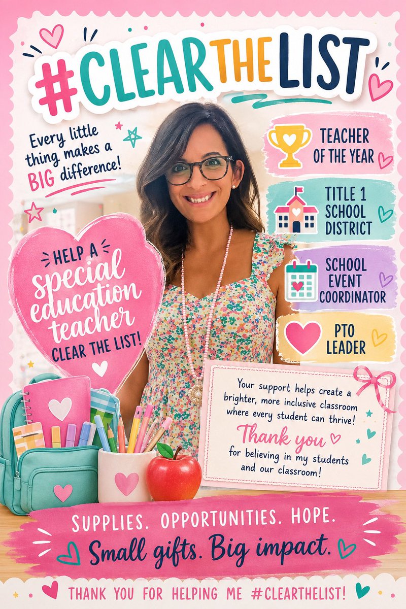 edspecsweet's tweet photo. @ClearTheList2 Thank you for a space to share!
💙Special Ed teacher #SpecialEducation
💛Running our PTO & school events
💚 Inner city school district
🩷Year 11
#clearthelist #clearthelists #TeacherWishlist
https://t.co/UOteR5BoJf https://t.co/kityO568P3