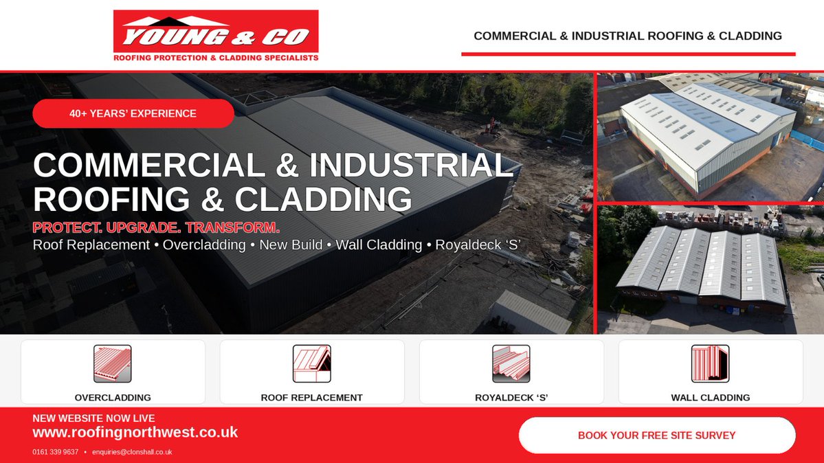 YoungCoRoofing's tweet photo. Protect. Upgrade. Transform. Young &amp; Co delivers commercial &amp; industrial roof replacement, overcladding, wall cladding, Royaldeck ‘S’ &amp; new-build roofing &amp; cladding. Book a site survey https://t.co/hsiJmtP4tK 0161 339 9637

#CommercialRoofing #RoofingAndCladding #YoungAndCo https://t.co/z8fJkZjFww