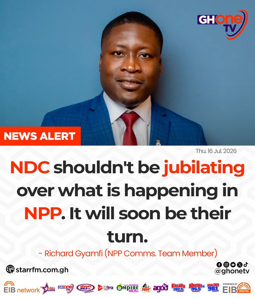 ghonetv's tweet photo. NDC shouldn't be jubilating over what is happening in NPP. It will soon be their turn... - Richard Gyamfi (NPP Comms. Team Member)
#GHToday
#GHOneNews #EIBNetwork
#GHOneTV #NewsAlert https://t.co/yNqXs6xaG8