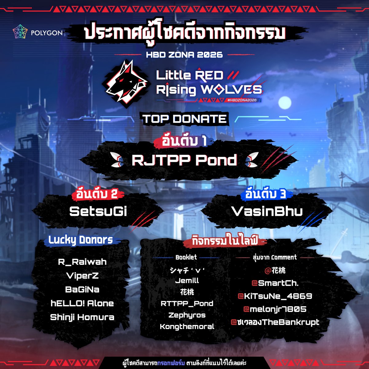 ZonaPLG's tweet photo. 🐺 Little RED // Rising WOLVES 🩸
#HBDZONA2026 #LRRW #PolygonProject
สำหรับผู้ได้รับรางวัล กรุณากรอกข้อมูลสำหรับจัดส่งของรางวัลผ่านแบบฟอร์มด้านล่าง และตรวจสอบข้อมูลให้ครบถ้วนก่อนส่งนะคะ
📝 แบบฟอร์มรับของรางวัล
https://t.co/g7eN3hPFKV https://t.co/utXPijxx4E