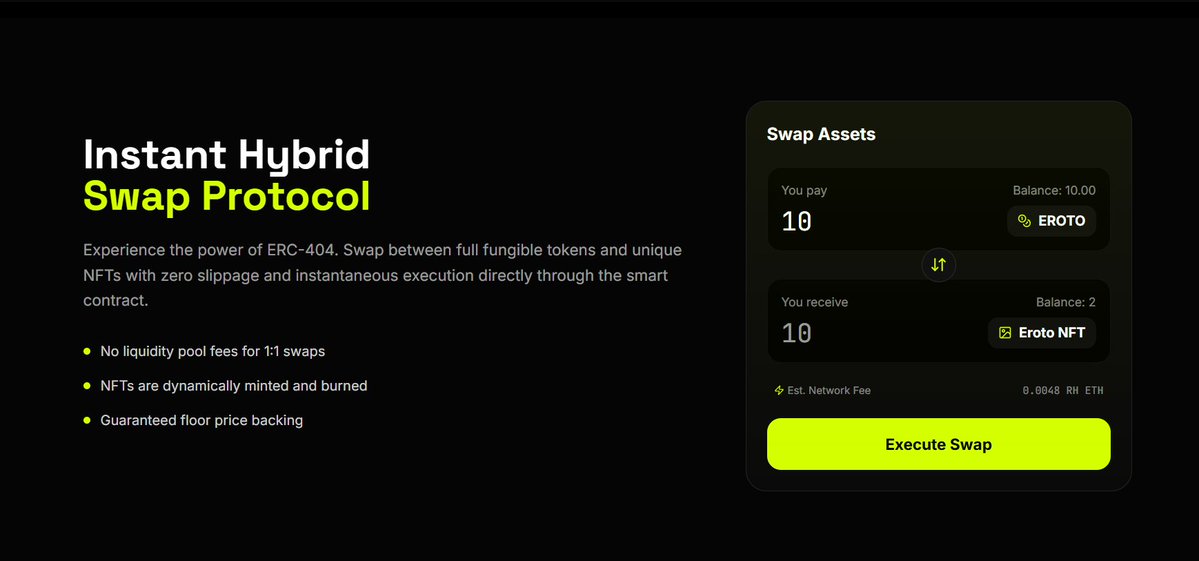 ErotoHood's tweet photo. Instant Hybrid Swap Protocol 

Experience the power of ERC-404. Swap between full fungible tokens and unique NFTs with zero slippage and instantaneous execution directly through the smart contract https://t.co/Vkj2EJ4VnP