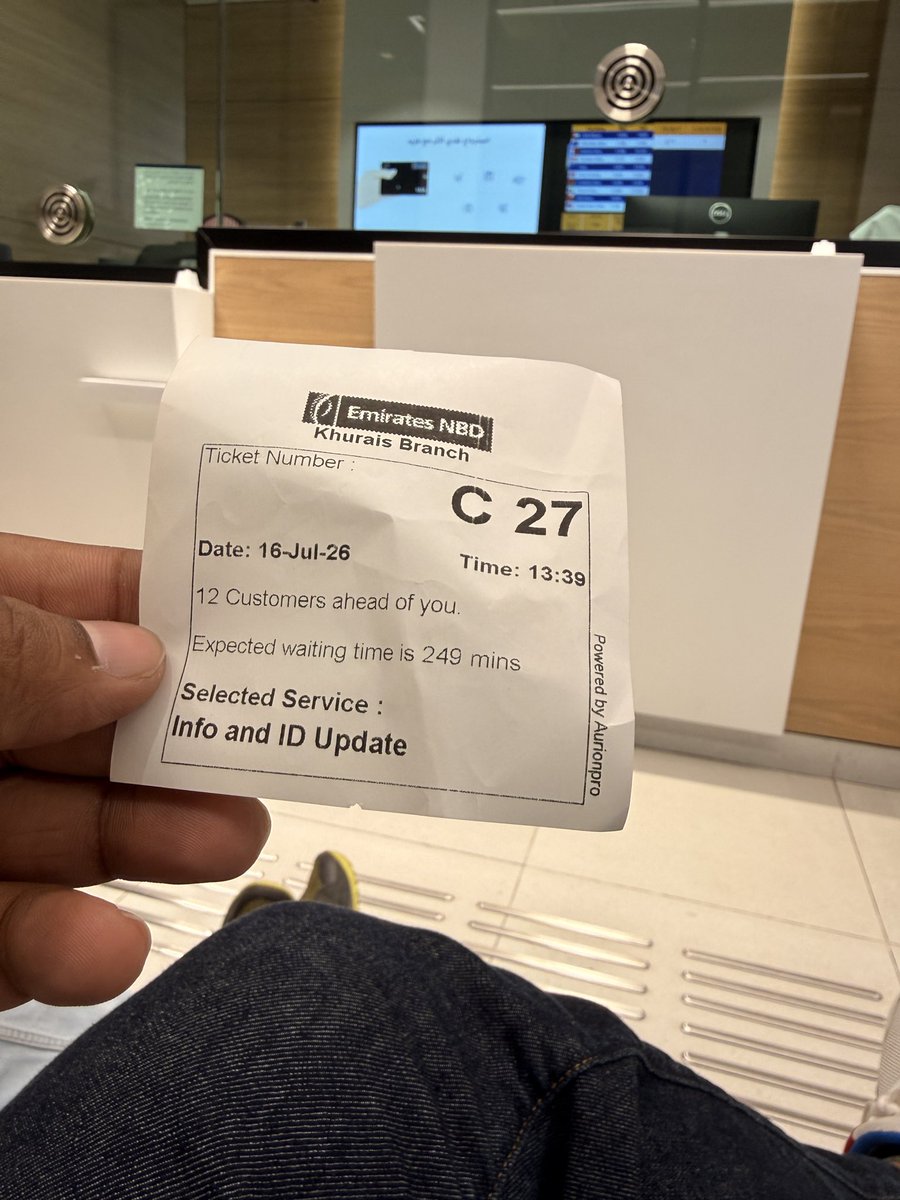 MHDRAMLY's tweet photo. @EmiratesNBD_KSA 249 minutes estimated waiting time for a simple ID update? 😳
12 customers ahead, yet over 4 hours of waiting at the Khurais Branch. This level of service is disappointing and needs improvement. Customers’ time matters too.
look into this. #CustomerService #Riyad https://t.co/gbinR6ttX2