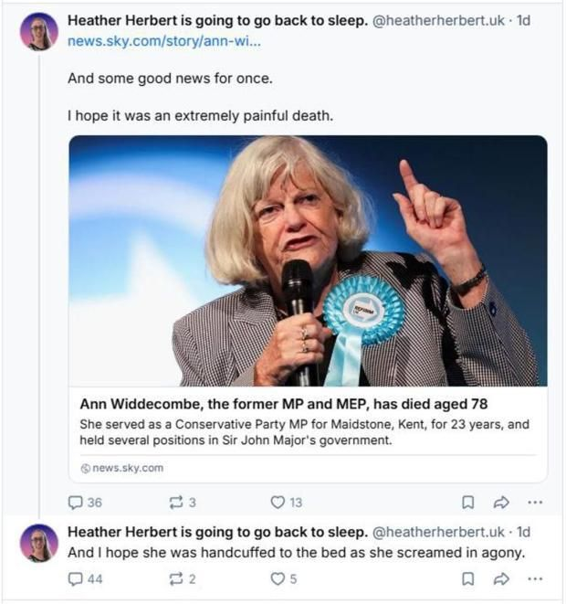 PolitlcsUK's tweet photo. 🚨 BREAKING: Aberdeen University employee Heather Herbert has now been arrested over online posts celebrating Ann Widdecombe's death https://t.co/rTK4FzHtYG