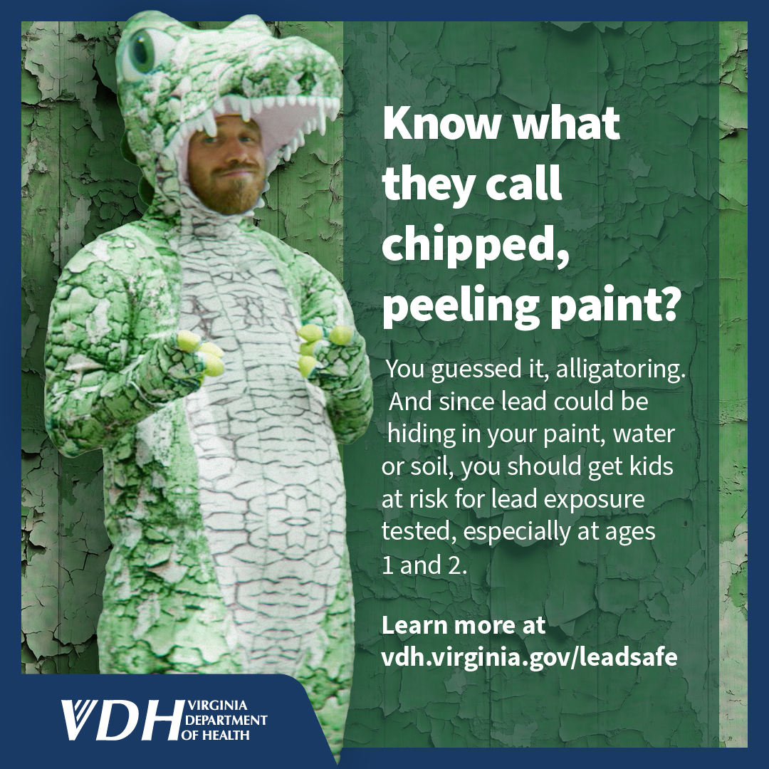 VDHgov's tweet photo. Does your paint look like this? 🐊 Chipping or peeling paint that appears scaly can be a sign of a lead paint hazard.   

Before you start a home project, pause and check—and talk to your provider about lead screening for young children.  Learn more: https://t.co/YZ5EDz50z9 https://t.co/Ng6a1zGcFJ