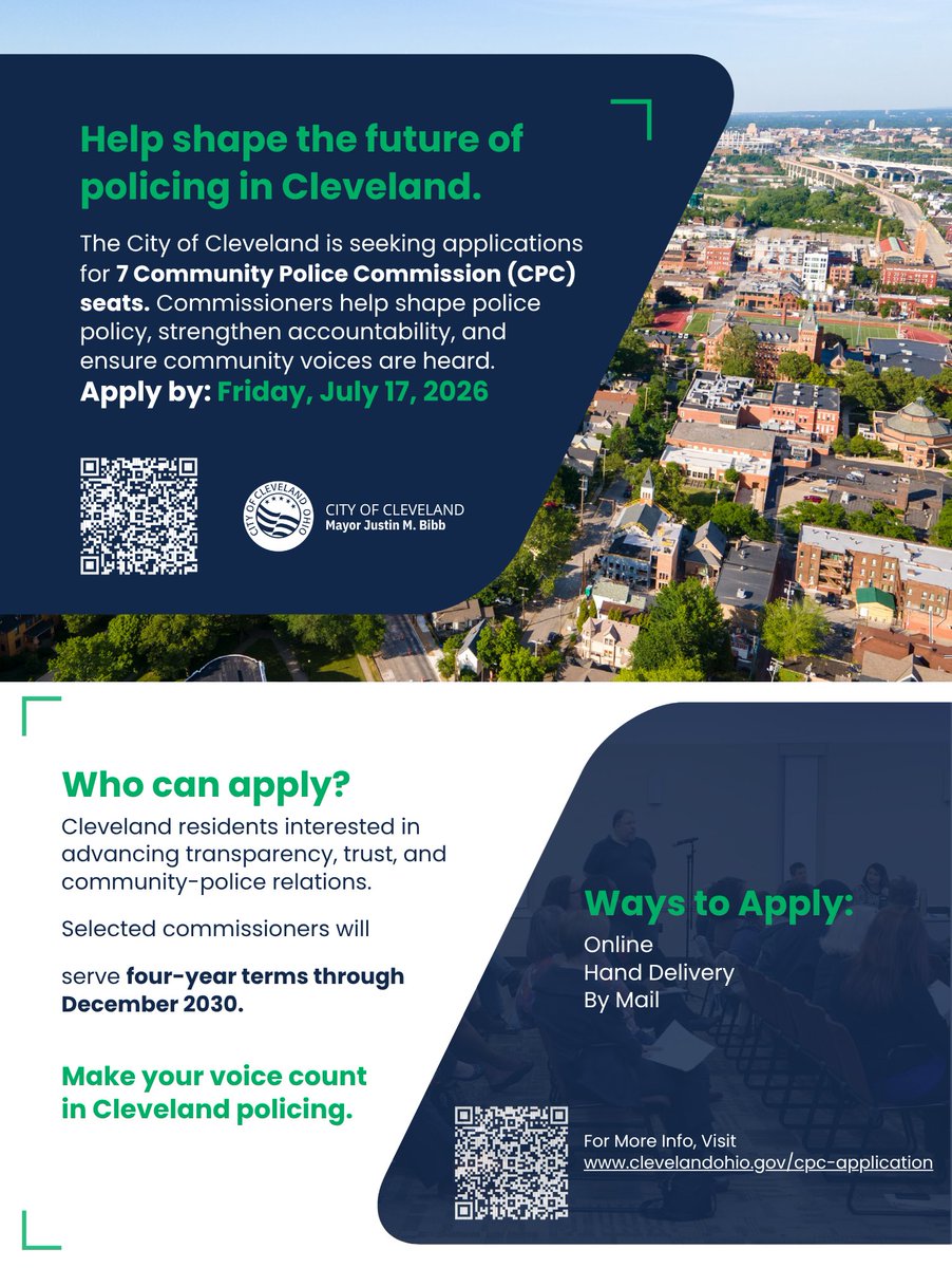 sustainableCLE's tweet photo. Applications due tomorrow !🚨@CityofCleveland is seeking applicants for Community Police Commission members.

✅Must be a Cleveland resident
✅ Commit to a four-year term through December 2030

Commissioners receive approximately $9,000 annually.

Apply: https://t.co/gl2DlooVPX https://t.co/GPEUf5CGIP