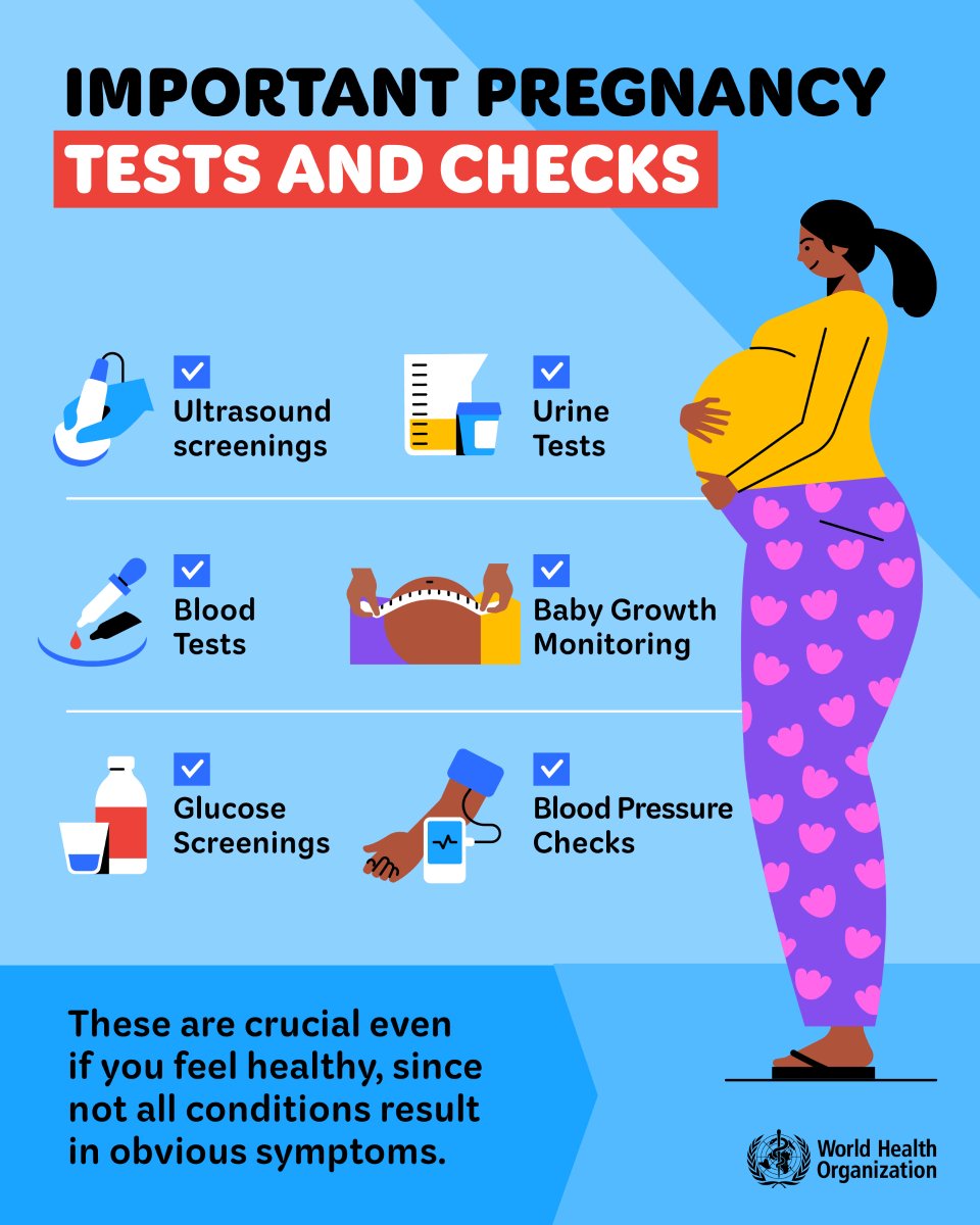 WHO's tweet photo. Even if you feel great, some health problems don’t show obvious symptoms. That’s why prenatal tests are so important!

Expect: 
 📸 Ultrasound – See your baby’s growth! 
 🩸 Blood & urine tests – Check for infections & anaemia 
 🔬 Blood pressure & glucose screening – Prevent complications 
 🤰🏾 Regular baby monitoring  – Ensure a safe delivery

Every test is a step toward a healthy pregnancy. Work with your health worker to ensure you get the care you need, when you need it. 💕