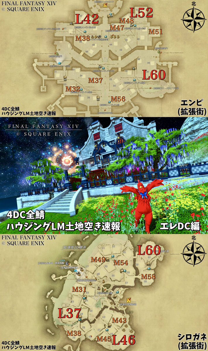 Sun_Glitter_TS's tweet photo. 【4DC全鯖：ハウジングLM土地空き速報】

＿人人人人人人人人人人人人人人人人＿ 
＞ 第75回 7/8-7/16自動撤去分まとめ ＜ 
￣Y^Y^Y^Y^Y^Y^Y^Y^Y^Y^Y^Y^￣

🍀応募期間：7/17(金)〜7/21(火)迄🍀

#すんの黄金メモ

- ElementalDC編 -

«Aegis»

ミストL

ラベL
20-6

ゴブL

エンピL
25-12

シロガネL

L土地：計2件(前回7件)

ミストM S3
11-37
28-37

ラベM S4
7-31

ゴブM S69
12-11
19-38

エンピM S60
28-17
30-51

シロガネM S73
14-45

M土地：計8件(前回7件)
S土地：計209件(前回215件)

«Atomos»

ミストL

ラベL
1-58

ゴブL

エンピL
15-52

シロガネL

L土地：計2件(前回1件)

ミストM S3
4-7
18-31

ラベM S9

ゴブM S21
13-6

エンピM S35
1-37

シロガネM S20
20-8
27-38

M土地：計6件(前回7件)
S土地：計88件(前回94件)

«Carbuncle»

ミストL

ラベL

ゴブL

エンピL
27-52

シロガネL
29-46

L土地：計2件(前回3件)

ミストM S3
12-37
18-1

ラベM S7
4-46

ゴブM S16
3-38

エンピM S22
10-26
14-8

シロガネM S18

M土地：計6件(前回4件)
S土地：計67件(前回82件)

«Garuda»

ミストL
6-32

ラベL
23-36

ゴブL

エンピL

シロガネL
13-7

L土地：計3件(前回2件)

ミストM S11
26-14

ラベM S4
5-41
19-16

ゴブM S51

エンピM S61
9-17

シロガネM S48
15-54
21-38

M土地：計6件(前回7件)
S土地：計175件(前回170件)

«Gungnir»

ミストL

ラベL

ゴブL
26-43

エンピL

シロガネL

L土地：計1件(前回2件)

ミストM S8
9-1
25-31

ラベM S3
14-51
18-5
21-21

ゴブM S6
25-34

エンピM S20
20-37

シロガネM S34
2-38
8-24

M土地：計9件(前回2件)
S土地：計71件(前回64件)

«Kujata»

ミストL

ラベL

ゴブL

エンピL
9-42

シロガネL

L土地：計1件(前回2件)

ミストM S7

ラベM S8

ゴブM S67
10-38
24-12

エンピM S76
11-2
12-26
20-18
23-51

シロガネM S43
13-54

M土地：計7件(前回9件)
S土地：計201件(前回197件)

«Tonberry»

ミストL

ラベL

ゴブL
13-43

エンピL

シロガネL

L土地：計1件(前回1件)

ミストM S12

ラベM S11

ゴブM S103

エンピM S64
9-8
21-32

シロガネM S26
4-58

M土地：計3件(前回6件)
S土地：計216件(前回229件)

«Typhon»

ミストL

ラベL
7-3

ゴブL
7-5
27-35

エンピL

シロガネL

L土地：計3件(前回0件)

ミストM S4
6-59

ラベM S11
8-11/21
13-46
21-46

ゴブM S73
7-25

エンピM S86
15-47
17-48

シロガネM S47

M土地：計8件(前回4件)
S土地：計221件(前回218件)

🍀ElementalDC空き土地件数(推移)🍀
・L土地：15/7,200 (前回18件)
・M土地：53/16,800 (前回46件)
・S土地：1,248/48,000 (前回1,269件)

- 前回比 
・L土地：-3件 17%減
・M土地：+7件 15%増
・S土地：-21件 2%減

━━━━━━━━━━━━━━━━━━━━

✅土地抽選は実質ノーリスクなので毎回コツコツ応募するのがおすすめ！🎯

━━━━━━━━━━━━━━━━━━━━

※土地空き状況の詳細な調査データ及び考察記事は別途まとめポストをご参照ください！