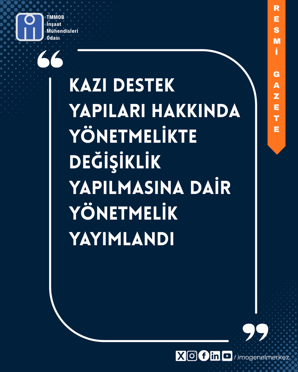 imomerkez's tweet photo. 🔶Kazı Destek Yapıları Hakkında Yönetmelikte Değişiklik Yapılmasına Dair Yönetmelik Yayımlandı
🔸Çevre, Şehircilik ve İklim Değişikliği Bakanlığından, Kazı Destek Yapıları Hakkında Yönetmelikte Değişiklik Yapılmasına Dair Yönetmelik, Resmî Gazete’nin 16 Temmuz 2026 tarihli 33311. sayısında yayımlandı.
🔗Haberin devamı 👇
https://t.co/WVLm1H6GMp