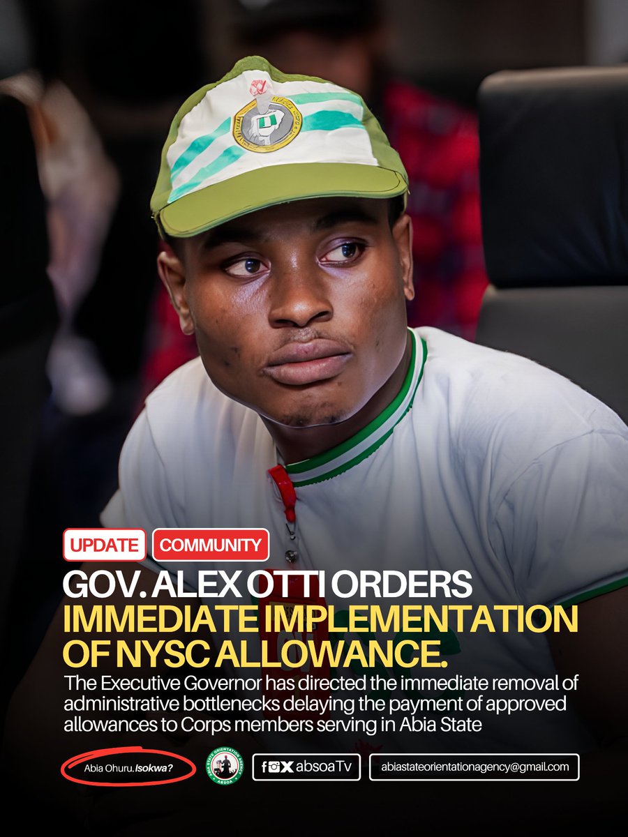 absoaTv's tweet photo. Gov. Alex Otti has directed the immediate implementation of the approved State allowance for NYSC members serving in Abia, ordering the removal of all administrative bottlenecks delaying payment.

He reiterated his administration's commitment to the welfare of Corps members, https://t.co/tLFSybMYYO